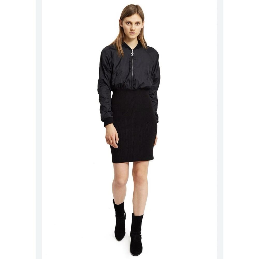 OPENING CEREMONY Black XS Torch Mixed Media Bomber Ribbed Sweater Dress